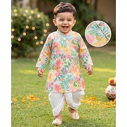 Babyhug Cambric Woven Full Sleeves Kurta Dhoti Set With Foil Floral Print - Multicolor