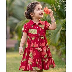 Babyhug Cambric Woven Half Sleeves Ethnic Dress with Leaf Print - Red