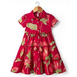 Babyhug Cambric Woven Half Sleeves Ethnic Dress with Leaf Print - Red