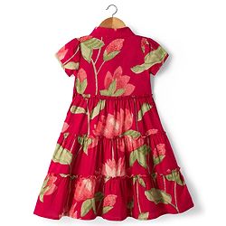 Babyhug Cambric Woven Half Sleeves Ethnic Dress with Leaf Print - Red