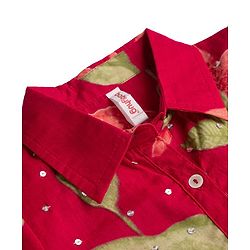 Babyhug Cambric Woven Half Sleeves Ethnic Dress with Leaf Print - Red