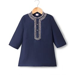 Babyhug Cotton Woven Full Sleeves Embroidered Kurta & Dhoti Set - Navy Blue