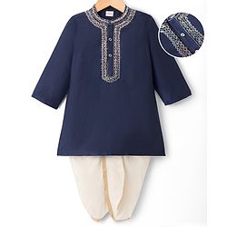 Babyhug Cotton Woven Full Sleeves Embroidered Kurta & Dhoti Set - Navy Blue