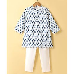 Babyhug Cambric Woven Full Sleeves Kurta Pyjama Set with Floral Print - White