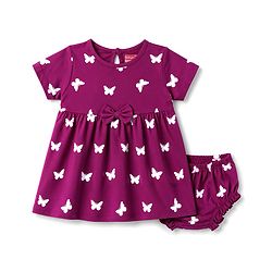 Babyhug Cotton Knit Frocks with Bloomer/Short, Butterfly Print, Round Neck Purple 0-0 Months