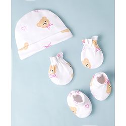 Babyhug 100% Cotton Interlock Knit Cap Mittens & Booties Bear Face Print - Diameter 10.5 cm