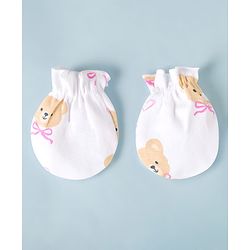 Babyhug 100% Cotton Interlock Knit Cap Mittens & Booties Bear Face Print - Diameter 10.5 cm