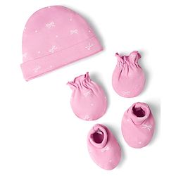 Babyhug 100% Cotton Interlock Knit Cap Mittens & Booties Bow Print - Diameter 10 cm
