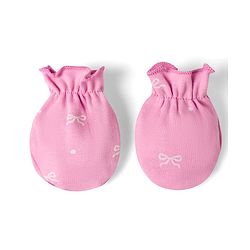 Babyhug 100% Cotton Interlock Knit Cap Mittens & Booties Bow Print - Diameter 10 cm