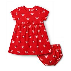 Babyhug 100% Cotton Single Jersey Knit Half Sleeves Bow Printed Frock With Bloomer & Bow Applique - Red