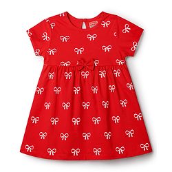Babyhug 100% Cotton Single Jersey Knit Half Sleeves Bow Printed Frock With Bloomer & Bow Applique - Red