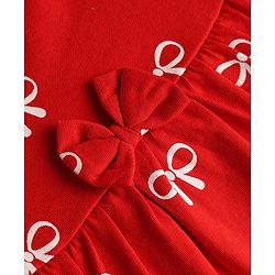 Babyhug 100% Cotton Single Jersey Knit Half Sleeves Bow Printed Frock With Bloomer & Bow Applique - Red