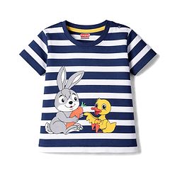 Babyhug Single Jersey Knit Half Sleeves Stripes T-Shirt & Shorts Set with Bunny & Duck Print - Yellow