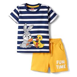 Babyhug Single Jersey Knit Half Sleeves Stripes T-Shirt & Shorts Set with Bunny & Duck Print - Yellow