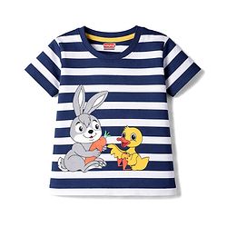 Babyhug Single Jersey Knit Half Sleeves Stripes T-Shirt & Shorts Set with Bunny & Duck Print - Yellow