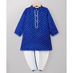 Babyhug 100% Cotton Woven Full Sleeves Cambric Leheriya Kurta & Dhoti Set - Blue