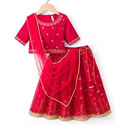 Babyhug Woven Half Sleeves Foil Printed & Embroidered  Choli Lahenga Set with Dupatta -  Red