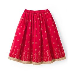 Babyhug Woven Half Sleeves Foil Printed & Embroidered  Choli Lahenga Set with Dupatta -  Red