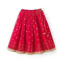 Babyhug Woven Half Sleeves Foil Printed & Embroidered  Choli Lahenga Set with Dupatta -  Red