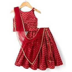 Babyhug Cotton Woven Sleeveless Printed Lehenga Choli Set With Dupatta & Lace Detailing - Maroon