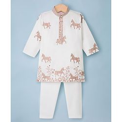 Babyhug Woven Full Sleeves Horse Embroidered Kurta & Pyjama Set - OffWhite