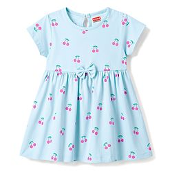 Babyhug 100% Cotton Knit Half Sleeves Cherry Printed Frock With Bloomer With Bow Applique - Light Blue
