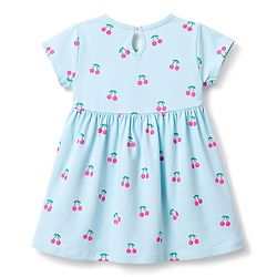 Babyhug 100% Cotton Knit Half Sleeves Cherry Printed Frock With Bloomer With Bow Applique - Light Blue