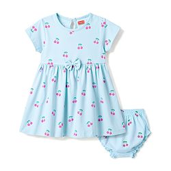 Babyhug 100% Cotton Knit Half Sleeves Cherry Printed Frock With Bloomer With Bow Applique - Light Blue