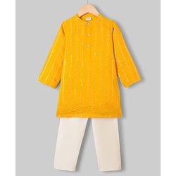 Babyhug Cotton Blend Woven Full Sleeves Kurta Pyjama Set With Sequin Detailing - Yellow