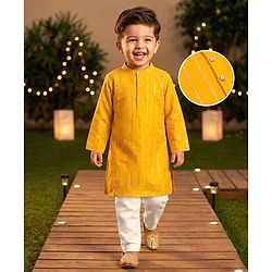 Babyhug Cotton Blend Woven Full Sleeves Kurta Pyjama Set With Sequin Detailing - Yellow