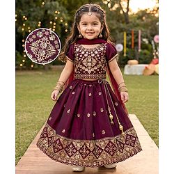 Babyhug Chiffon Woven Half Sleeves Choli Lehenga Set With Floral Embroidery & Dupatta - Maroon
