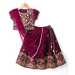 Babyhug Chiffon Woven Half Sleeves Choli Lehenga Set With Floral Embroidery & Dupatta - Maroon