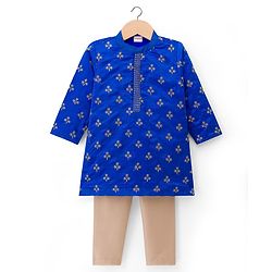 Babyhug Chanderi Woven Full Sleeves Kurta Pyjama Set with Floral Embroidery - Blue