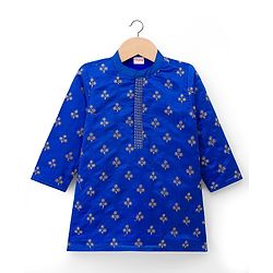 Babyhug Chanderi Woven Full Sleeves Kurta Pyjama Set with Floral Embroidery - Blue
