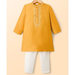 Babyhug Cotton Blend Woven Full Sleeves Kurta Pajama Set with Floral Embroidery - Orange