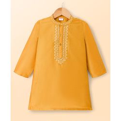 Babyhug Cotton Blend Woven Full Sleeves Kurta Pajama Set with Floral Embroidery - Orange