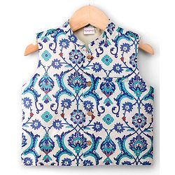 Babyhug Cotton Blend Woven Full Sleeves Kurta Pyjama Set With Floral Printed Nehru Jacket - Navy Blue