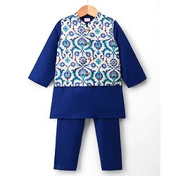 Babyhug Cotton Blend Woven Full Sleeves Kurta Pyjama Set With Floral Printed Nehru Jacket - Navy Blue