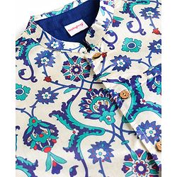 Babyhug Cotton Blend Woven Full Sleeves Kurta Pyjama Set With Floral Printed Nehru Jacket - Navy Blue