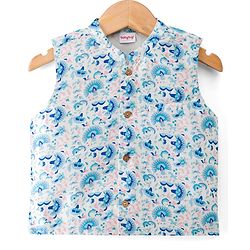 Babyhug Cotton Blend Woven Full Sleeves Kurta Pyjama Set With Floral Printed Brocade Nehru Jacket - Blue