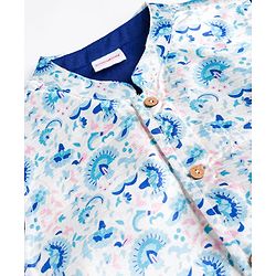 Babyhug Cotton Blend Woven Full Sleeves Kurta Pyjama Set With Floral Printed Brocade Nehru Jacket - Blue