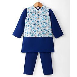 Babyhug Cotton Blend Woven Full Sleeves Kurta Pyjama Set With Floral Printed Brocade Nehru Jacket - Blue