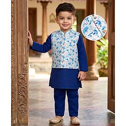 Babyhug Cotton Blend Woven Full Sleeves Kurta Pyjama Set With Floral Printed Brocade Nehru Jacket - Blue