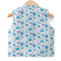 Babyhug Cotton Blend Woven Full Sleeves Kurta Pyjama Set With Floral Printed Brocade Nehru Jacket - Blue