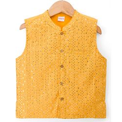 Babyhug Cotton Blend Woven Full Sleeves Kurta Pyjama Set With Sequinned & Embroidered Jacket - Yellow