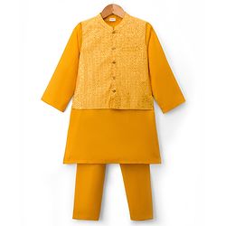 Babyhug Cotton Blend Woven Full Sleeves Kurta Pyjama Set With Sequinned & Embroidered Jacket - Yellow