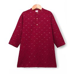 Babyhug Cotton Blend Woven Full Sleeves Kurta Pyjama Set With Sequin & Embroidery Detailing - Maroon