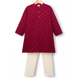 Babyhug Cotton Blend Woven Full Sleeves Kurta Pyjama Set With Sequin & Embroidery Detailing - Maroon