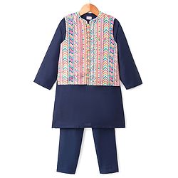 Babyhug Cotton Blend Woven Full Sleeves Kurta Pyjama Set With Sequinned & Printed Jacket - Navy Blue