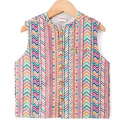 Babyhug Cotton Blend Woven Full Sleeves Kurta Pyjama Set With Sequinned & Printed Jacket - Navy Blue